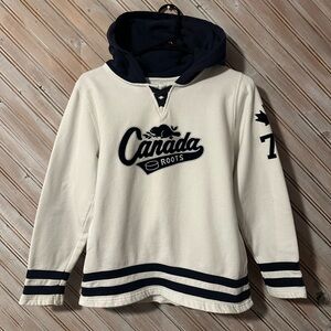 Roots Vintage White & Blue Embroidered Stripes Youth XXL Hoodie Beaver Logo